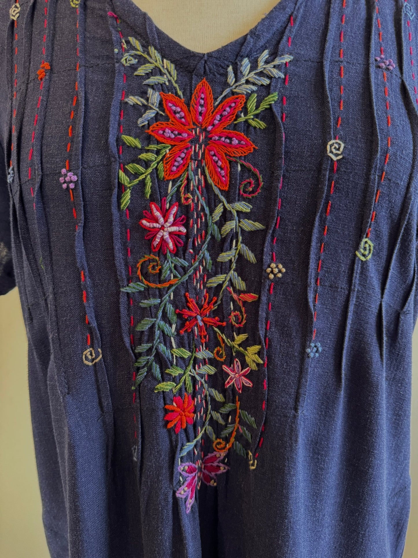 Linda Navy Hand Embroidered linen Dress - Abrazo Style Shop