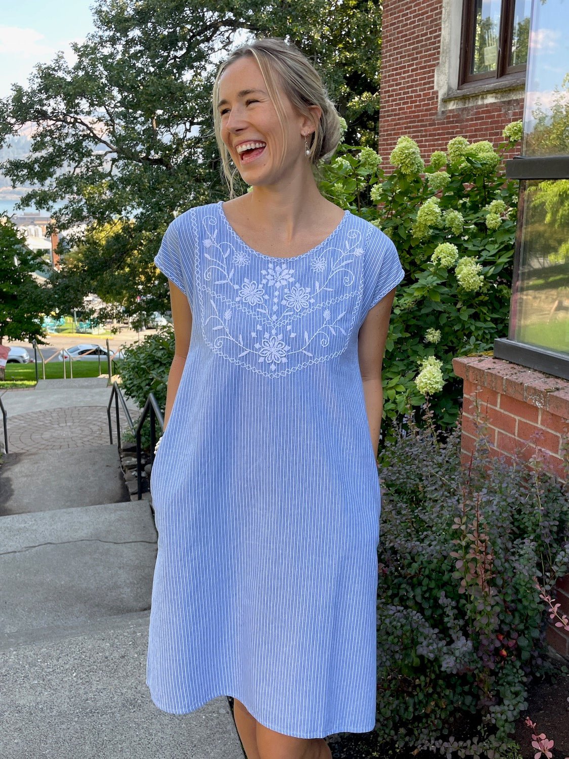 Emma Sky Blue Pinstriped Shift - Abrazo Style Shop