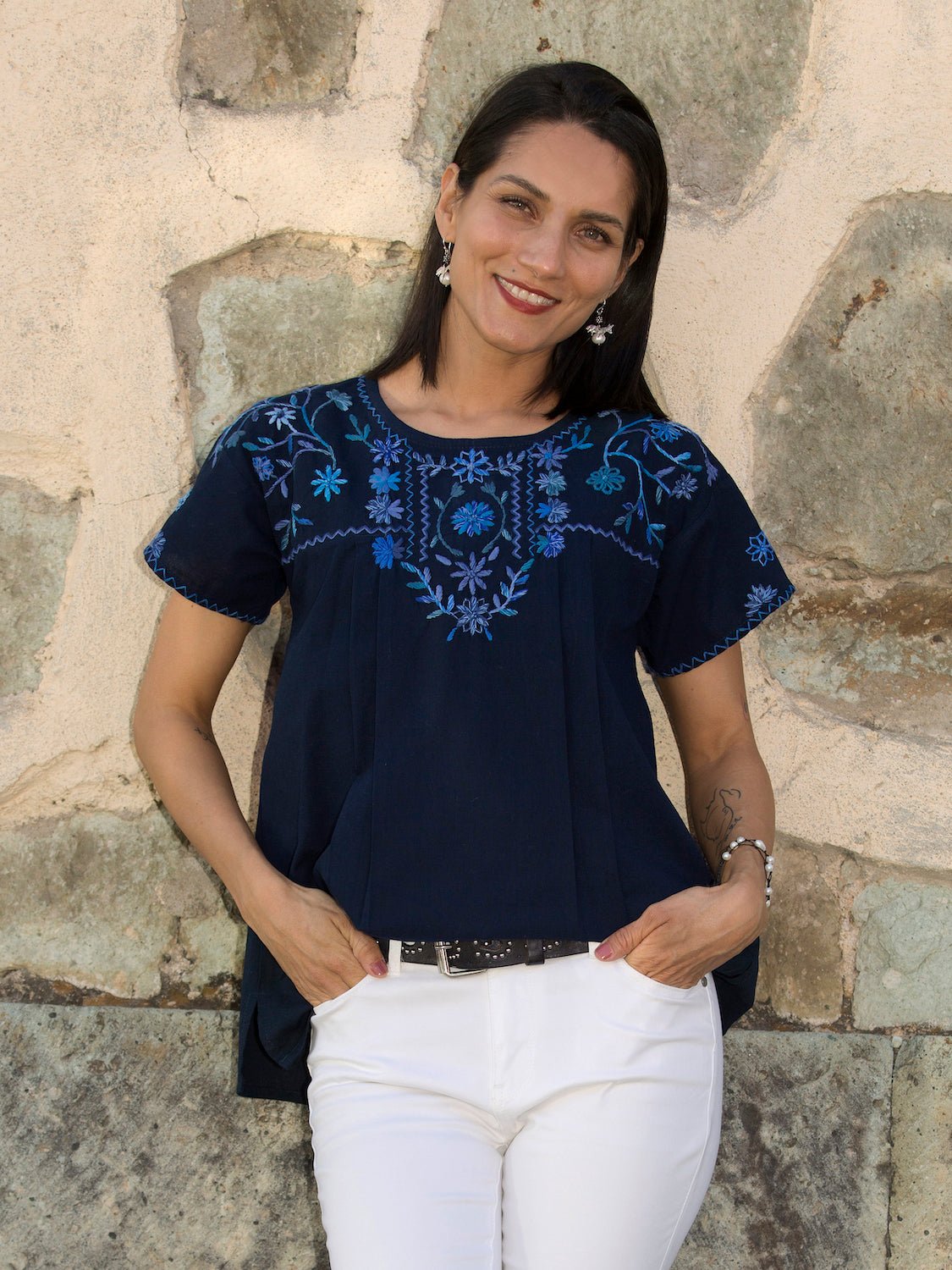 Marina Navy Mexican Blouse - Abrazo Style Shop