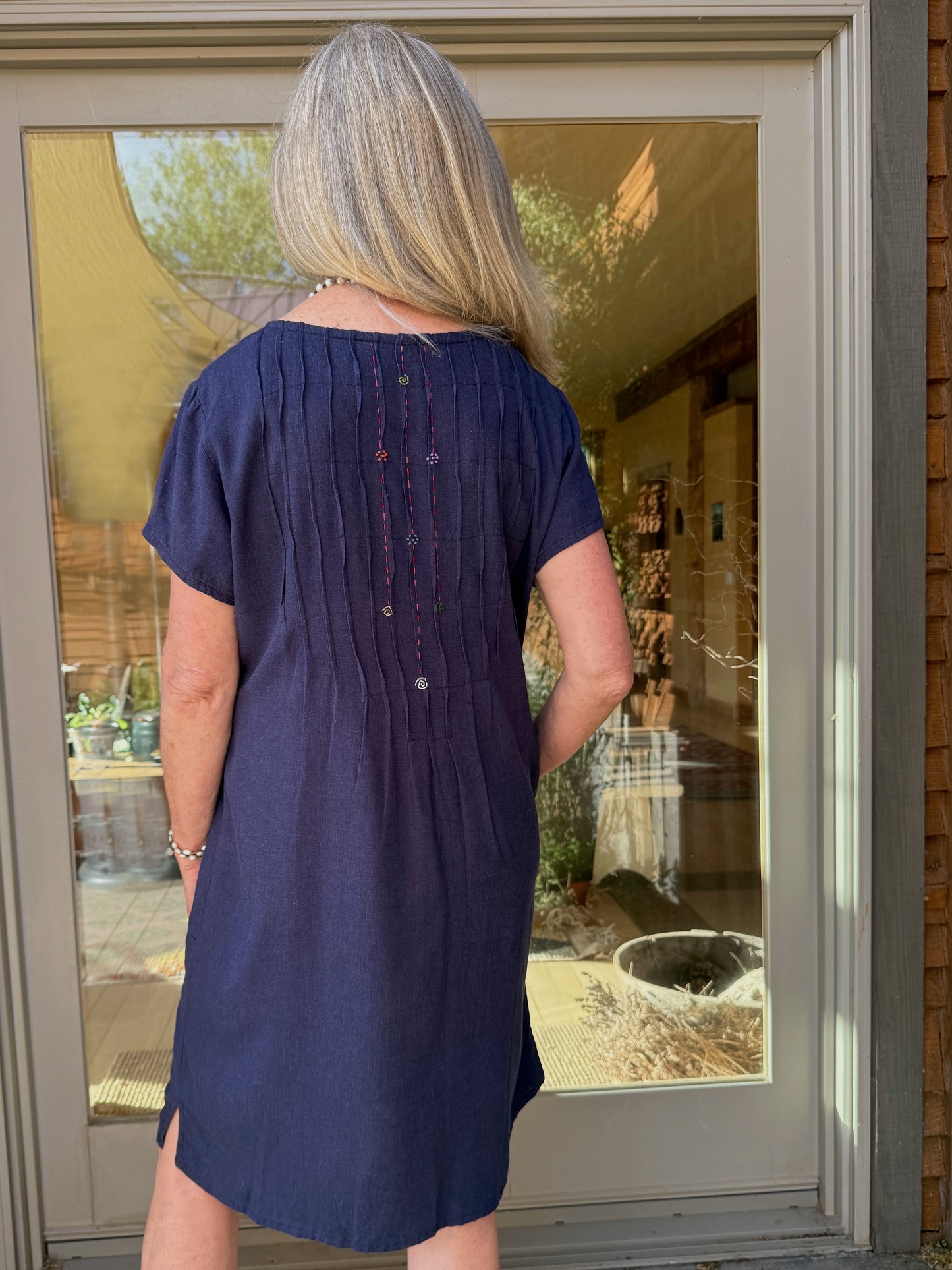 Linda Navy Hand Embroidered linen Dress