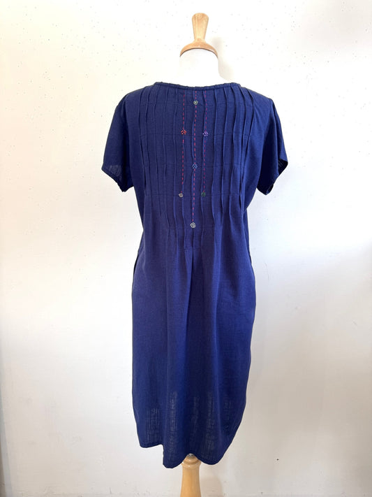 Linda Navy Hand Embroidered linen Dress - Abrazo Style Shop