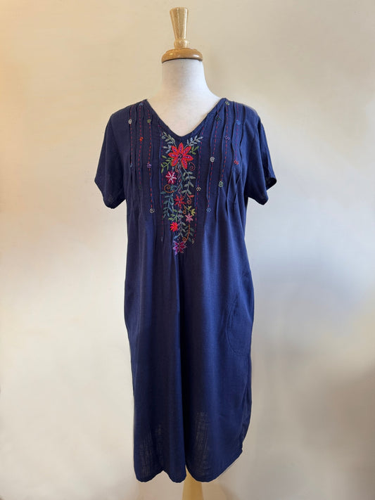 Linda Navy Hand Embroidered linen Dress - Abrazo Style Shop