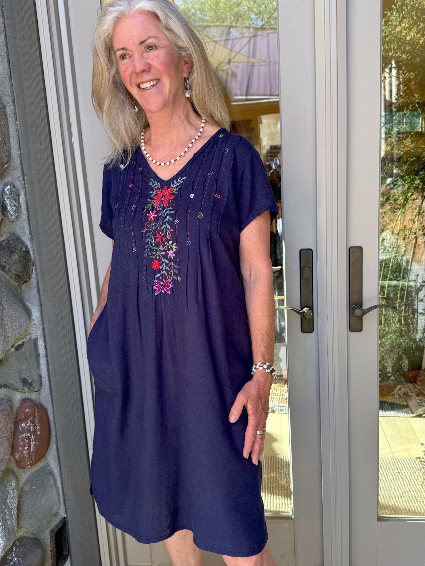 Linda Navy Hand Embroidered linen Dress - Abrazo Style Shop
