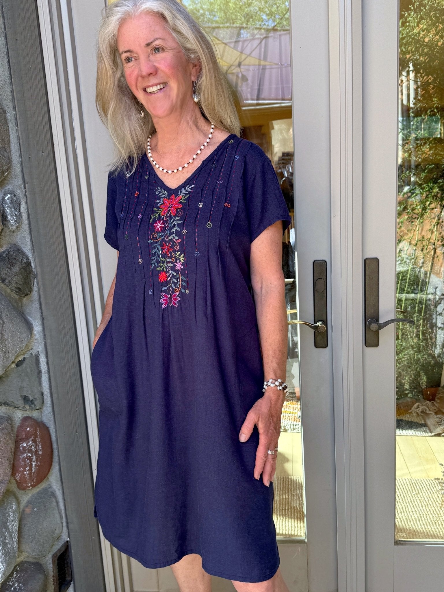 Linda Navy Hand Embroidered linen Dress - Abrazo Style Shop
