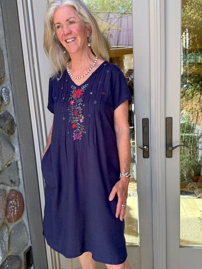 Linda Navy Hand Embroidered linen Dress - Abrazo Style Shop