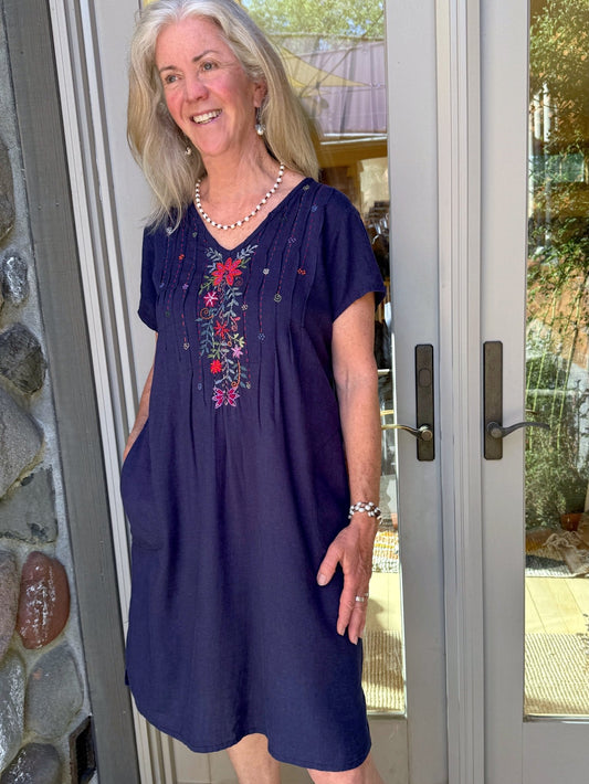 Linda Navy Hand Embroidered linen Dress - Abrazo Style Shop