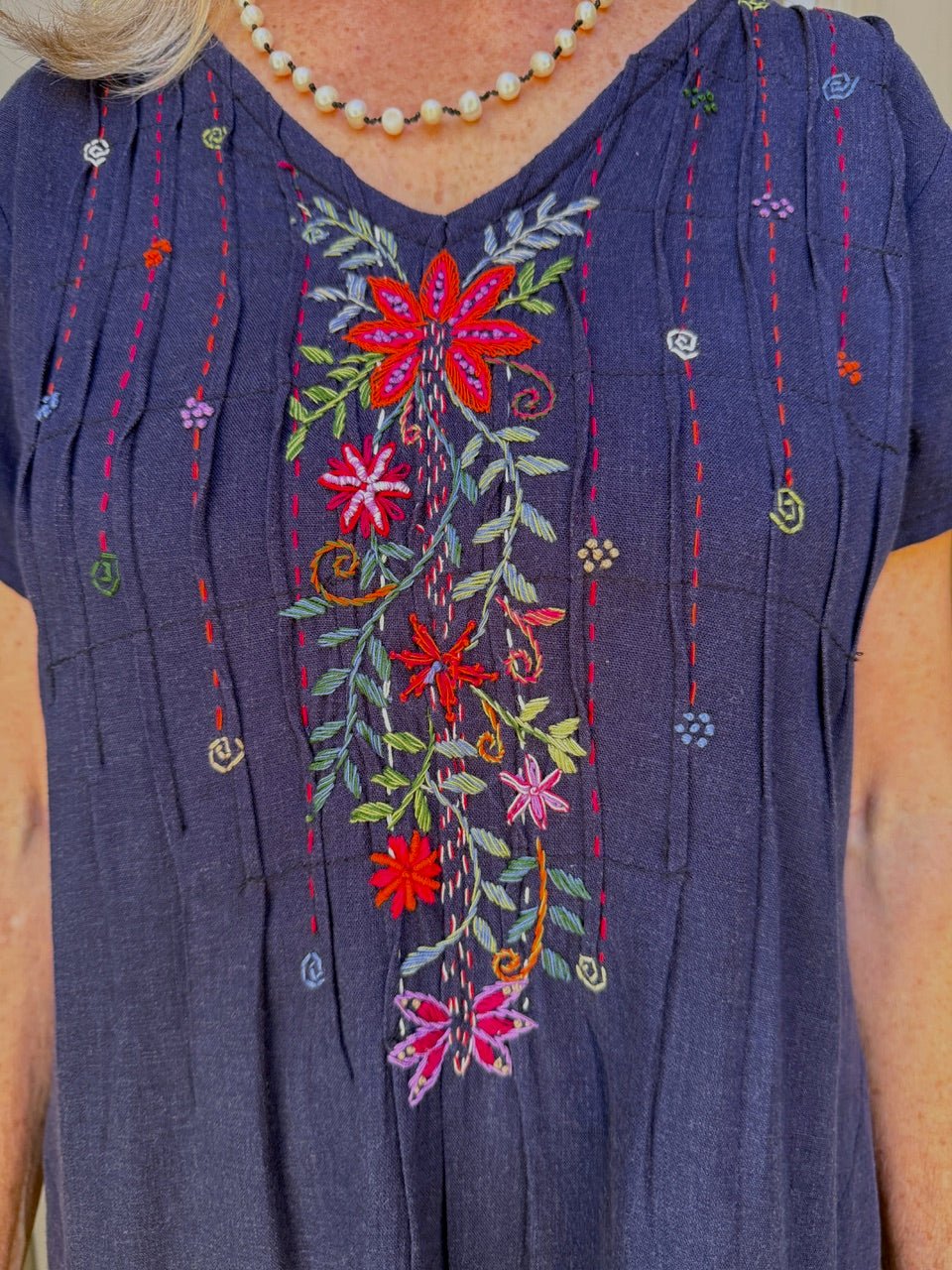 Linda Navy Hand Embroidered linen Dress - Abrazo Style Shop