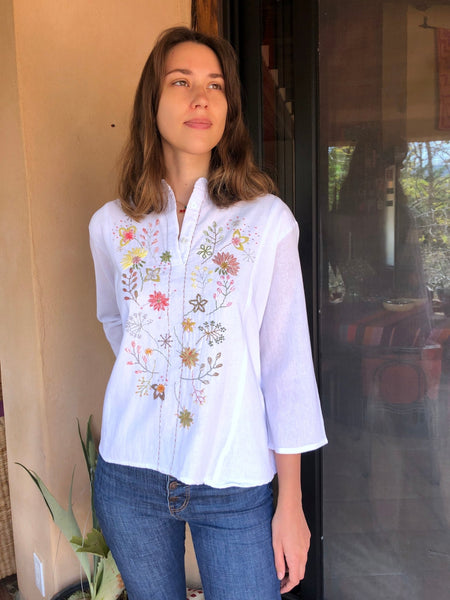Alba Meadow White Blouse - Abrazo Style Shop - handmade with embroidered Spring flowers