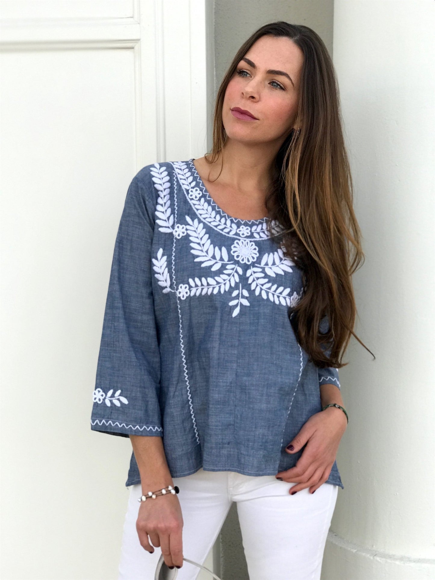 Clavel - blue tunic top blue white tunic, cotton blouse, floral blouse, hand embroidered tunic
