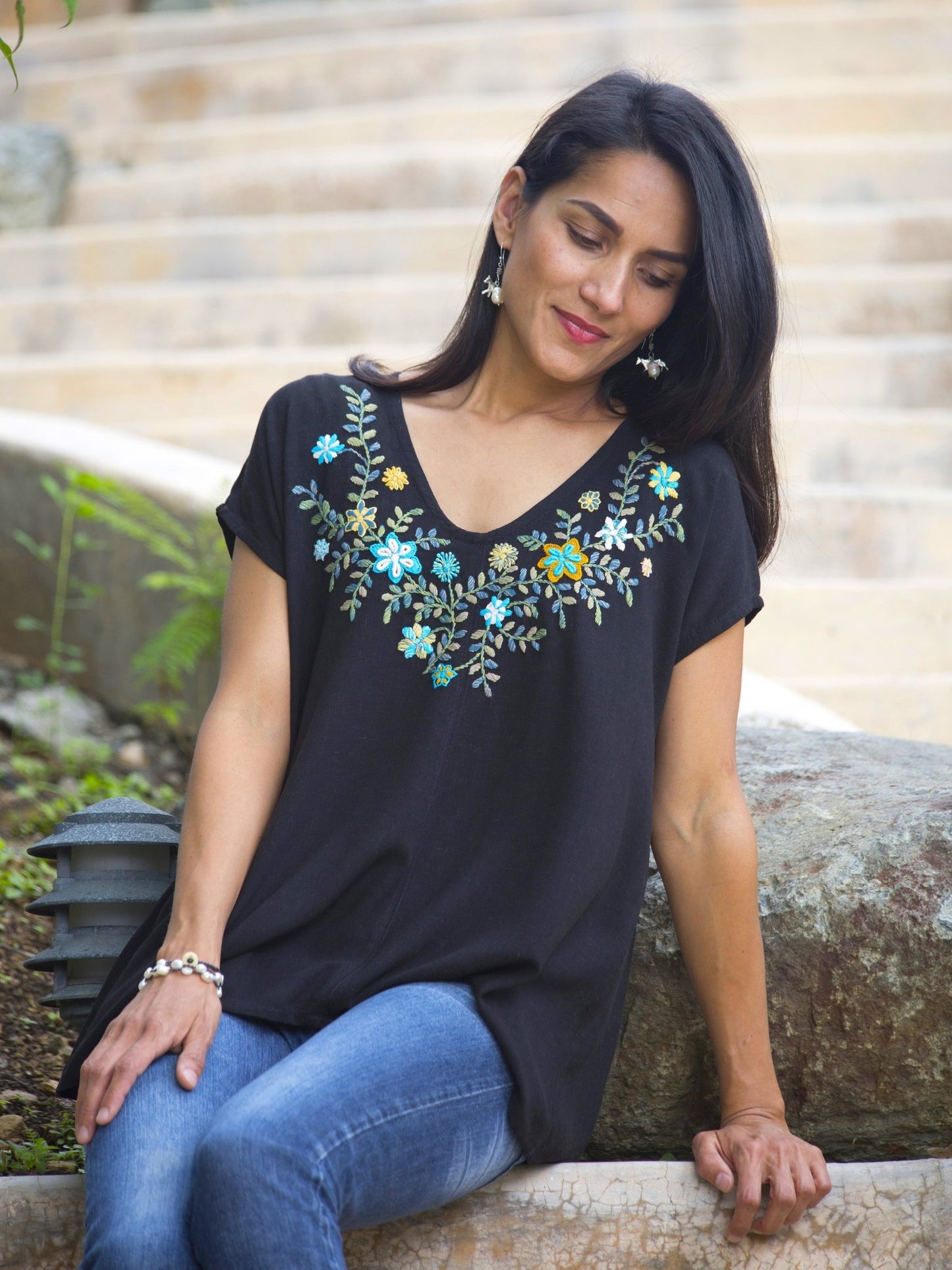 Graciela - V neck top - Black floral blouse, fair trade blouse,Abrazo Style Shop, embroidered blouse