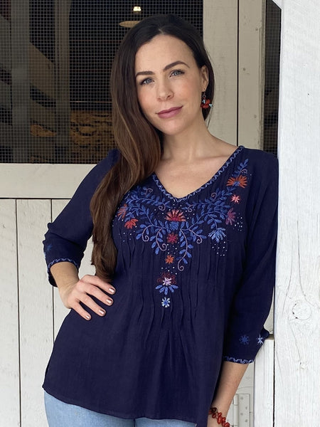 Leti tunic - embroidered tunic, navy tunic, Mexican hand embroidered