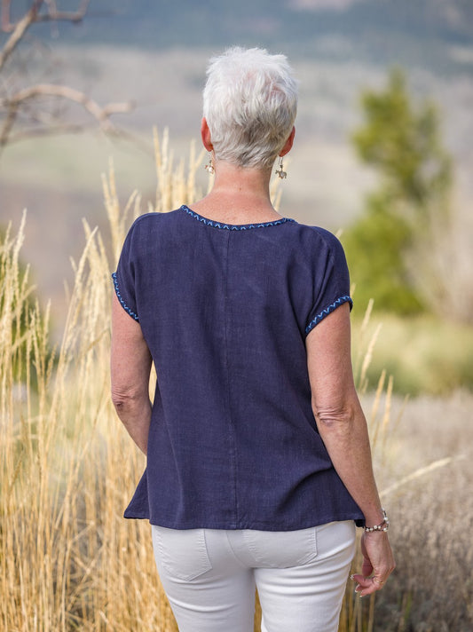 Mia - navy V-neck blouse - Abrazo Style Shop